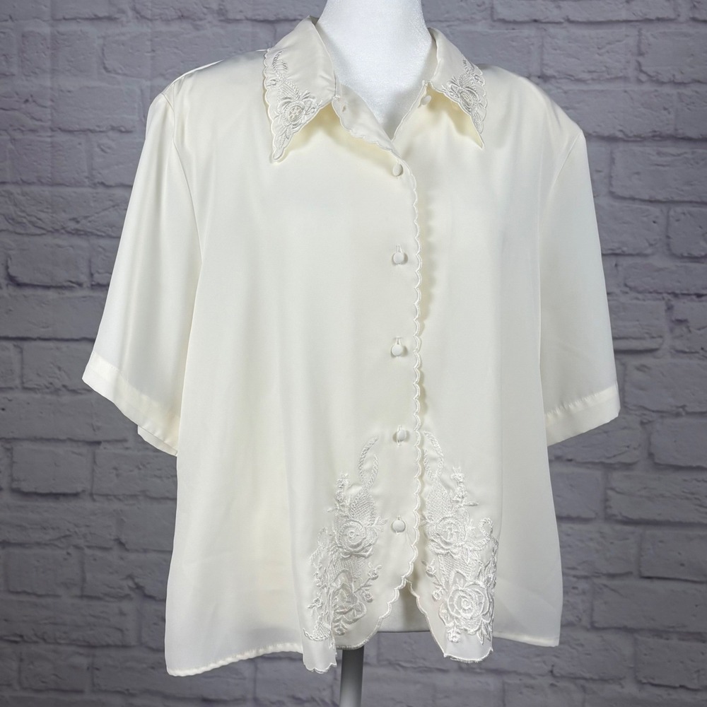 VTG Claudia Richard Size 16‎ Office Cream Floral Embroidered Blouse - Picture 2 of 10